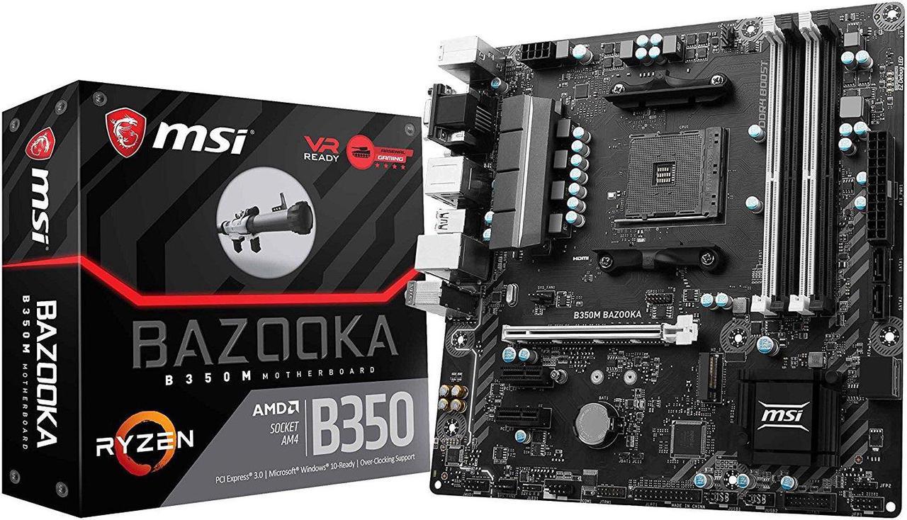 MSI Motherboard B350M BAZOOKA AMD B350 Chipset AM4 DDR4 Memory 1 x PCI Express 3.0 x 16 Micro ATX