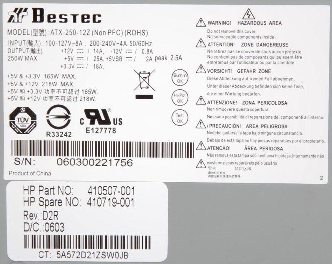 Alt view image 3 of 6 - Bestec ATX-250-12Z-D2R Genuine 250W 24-Pin Power Supply HP P/N 410507-001