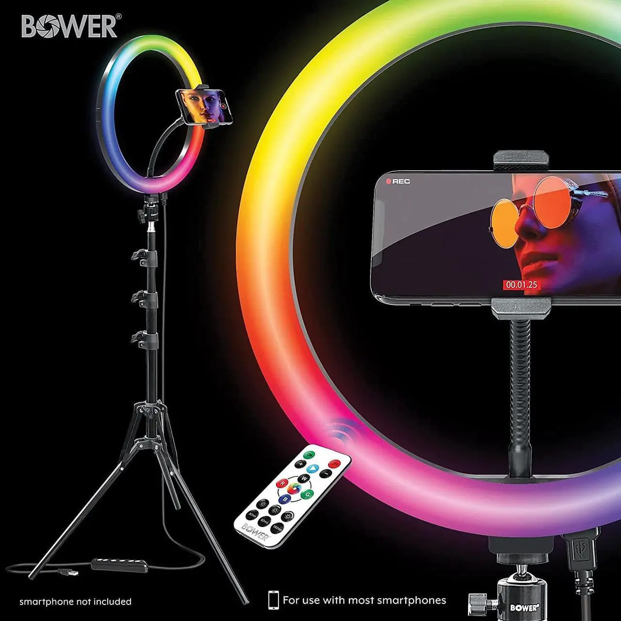 Alt view image 4 of 7 - Bower 12"" RGB Selfie Ring Light Studio Kit with Wireless Remote Control and