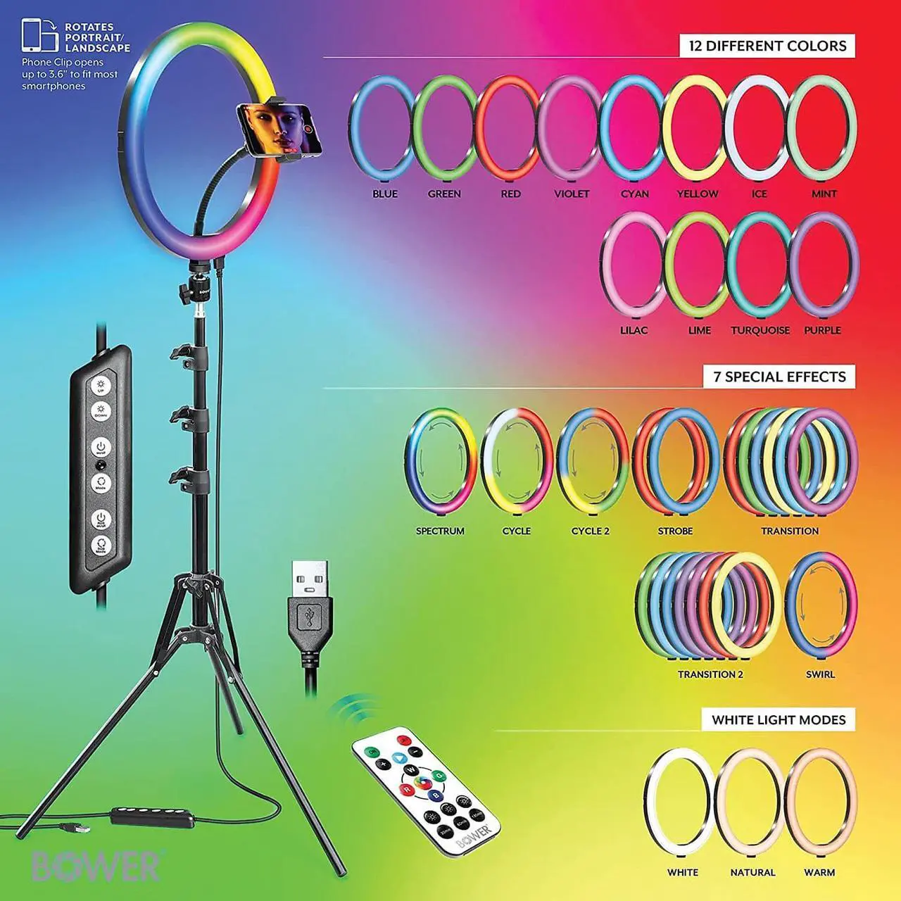 Alt view image 2 of 7 - Bower 12"" RGB Selfie Ring Light Studio Kit with Wireless Remote Control and