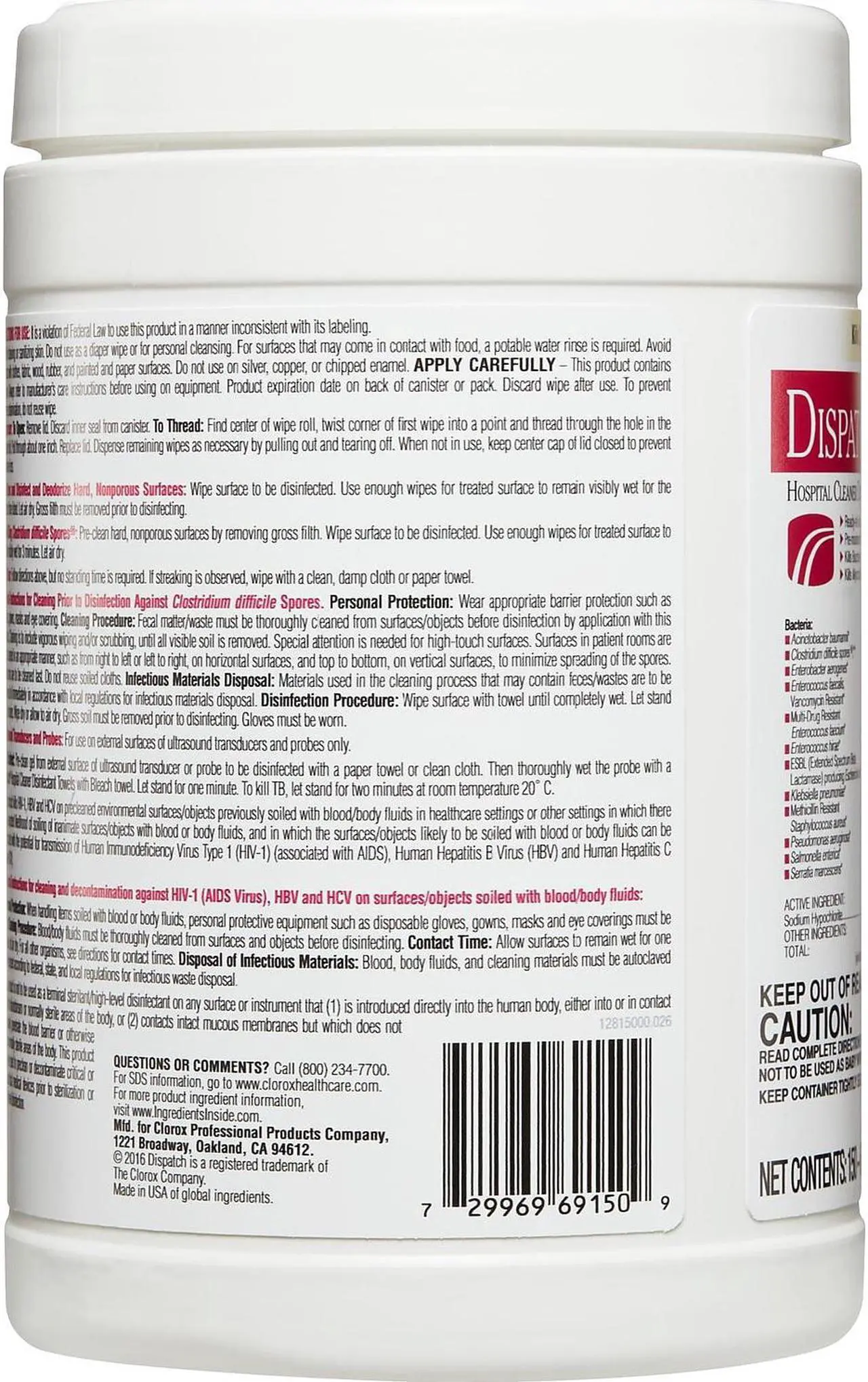 Alt view image 19 of 20 - Clorox CLO 69150 Dispatch Hospital Cleaner Disinfectant Towels with Bleach Wipes Canister (150 CT.)