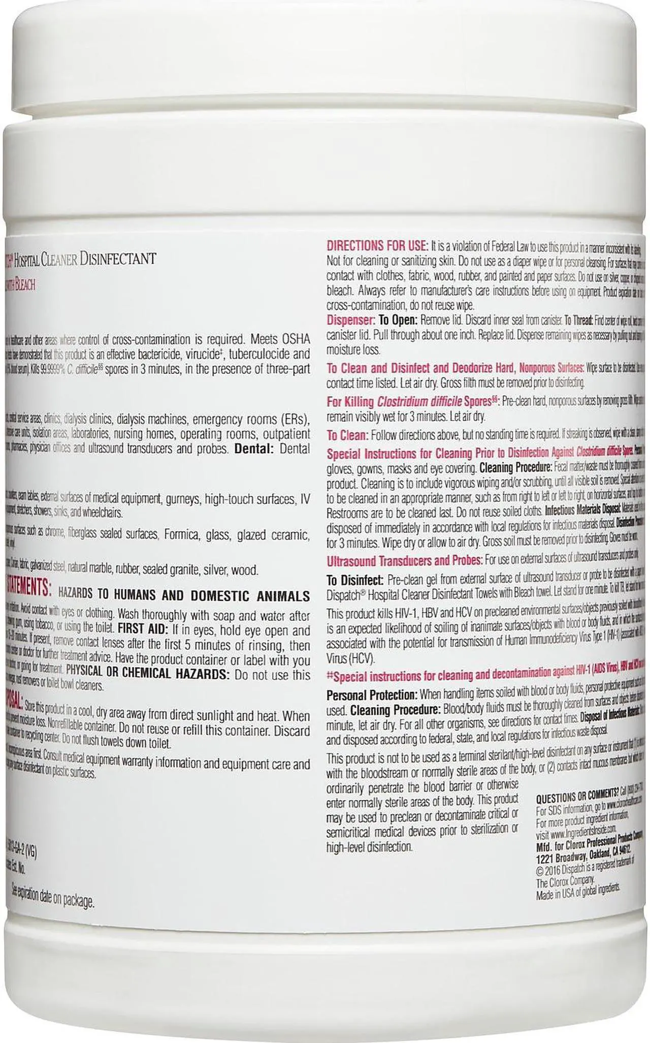 Alt view image 18 of 20 - Clorox CLO 69150 Dispatch Hospital Cleaner Disinfectant Towels with Bleach Wipes Canister (150 CT.)