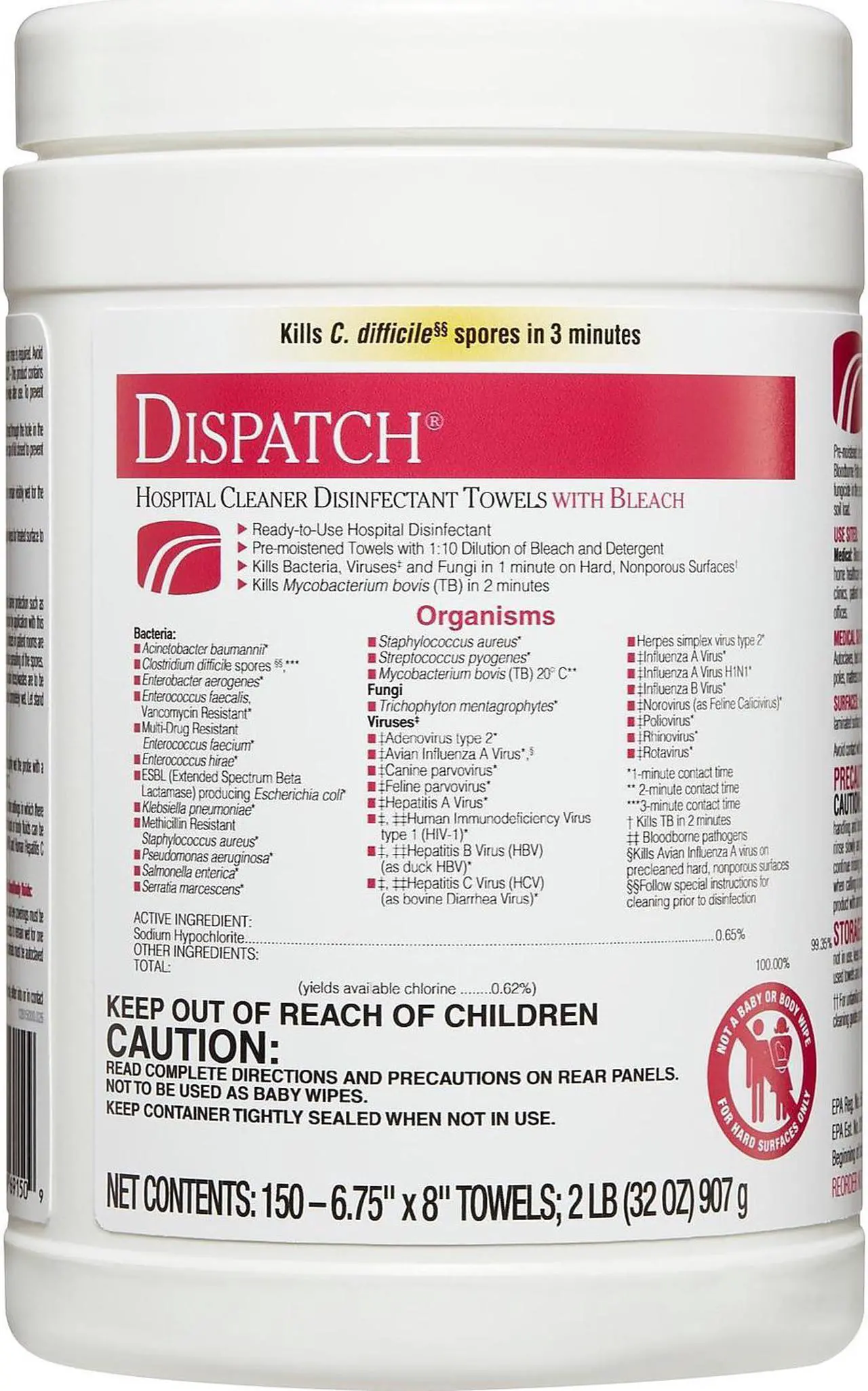 Alt view image 16 of 20 - Clorox CLO 69150 Dispatch Hospital Cleaner Disinfectant Towels with Bleach Wipes Canister (150 CT.)