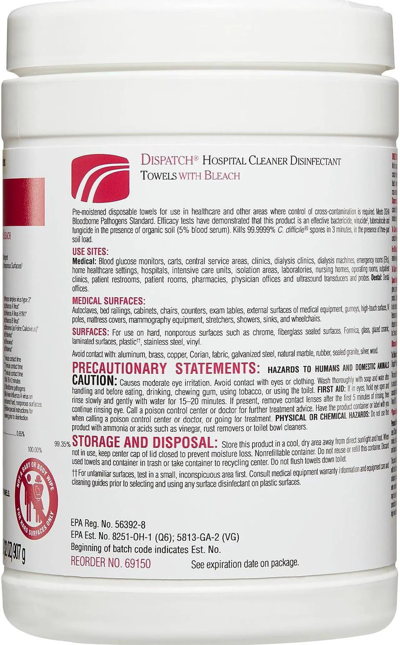 Alt view image 20 of 20 - Clorox CLO 69150 Dispatch Hospital Cleaner Disinfectant Towels with Bleach Wipes Canister (150 CT.)