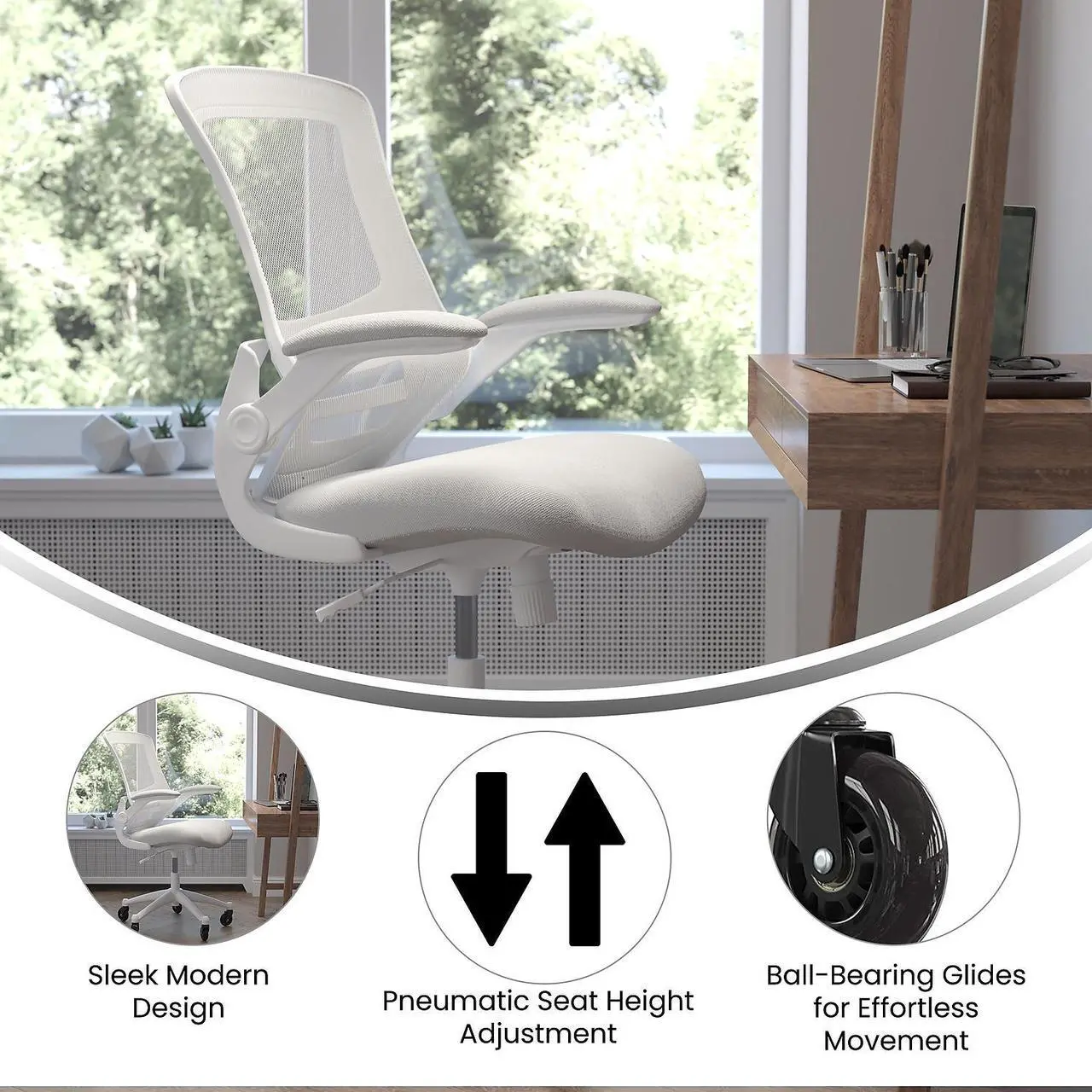 Alt view image 9 of 20 - Kelista Mid-Back Light Gray Mesh Swivel Ergonomic Task Office Chair with White Frame, Flip-Up Arms, and Transparent Roller Wheels