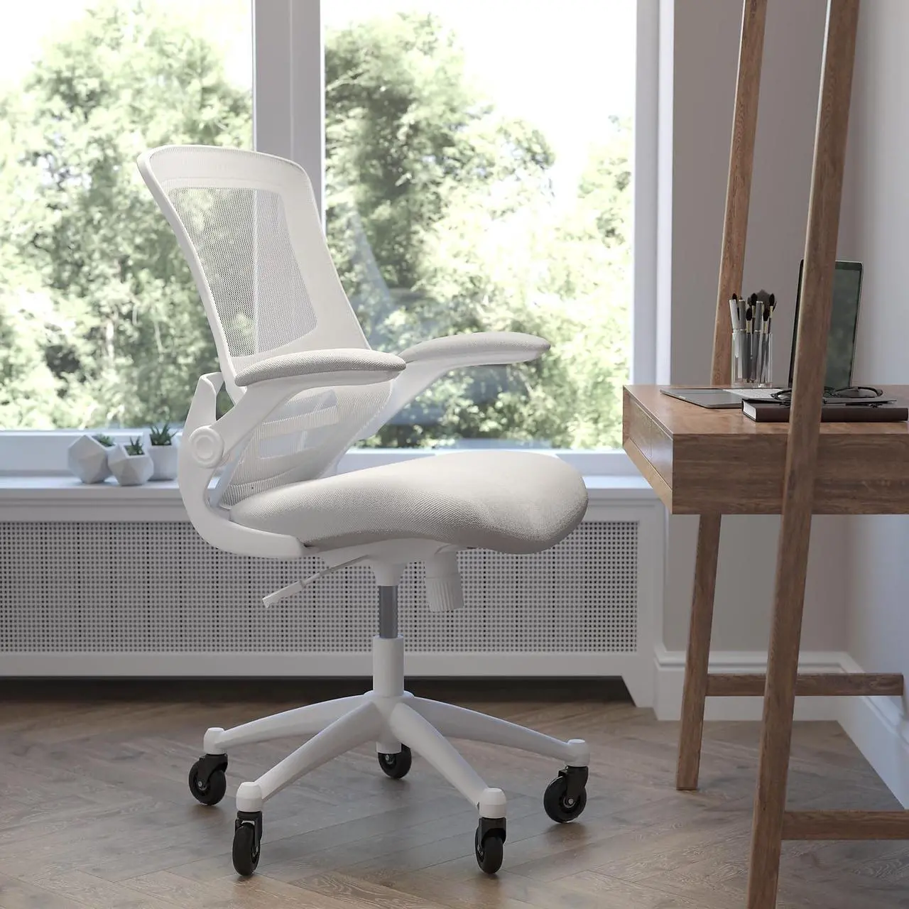Alt view image 12 of 20 - Kelista Mid-Back Light Gray Mesh Swivel Ergonomic Task Office Chair with White Frame, Flip-Up Arms, and Transparent Roller Wheels