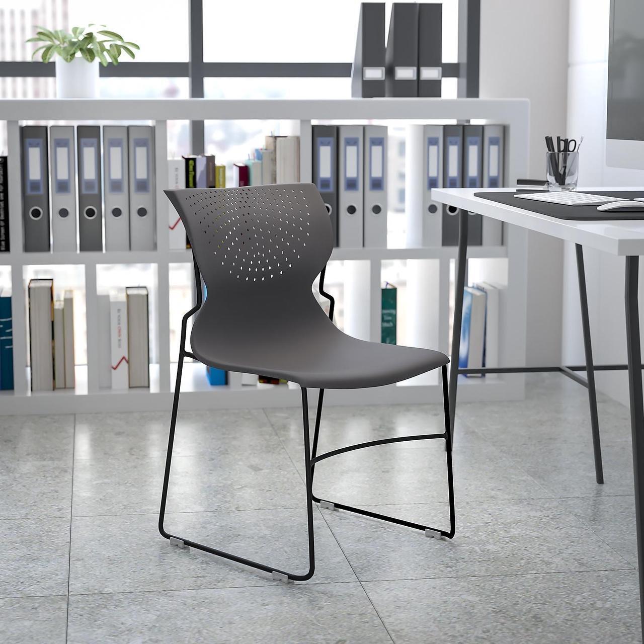Alt view image 13 of 14 - 5 Pk. HERCULES Series 440 lb. Capacity Black Ergonomic Shell Stack Chair with Black Frame and 14'' Seat Height