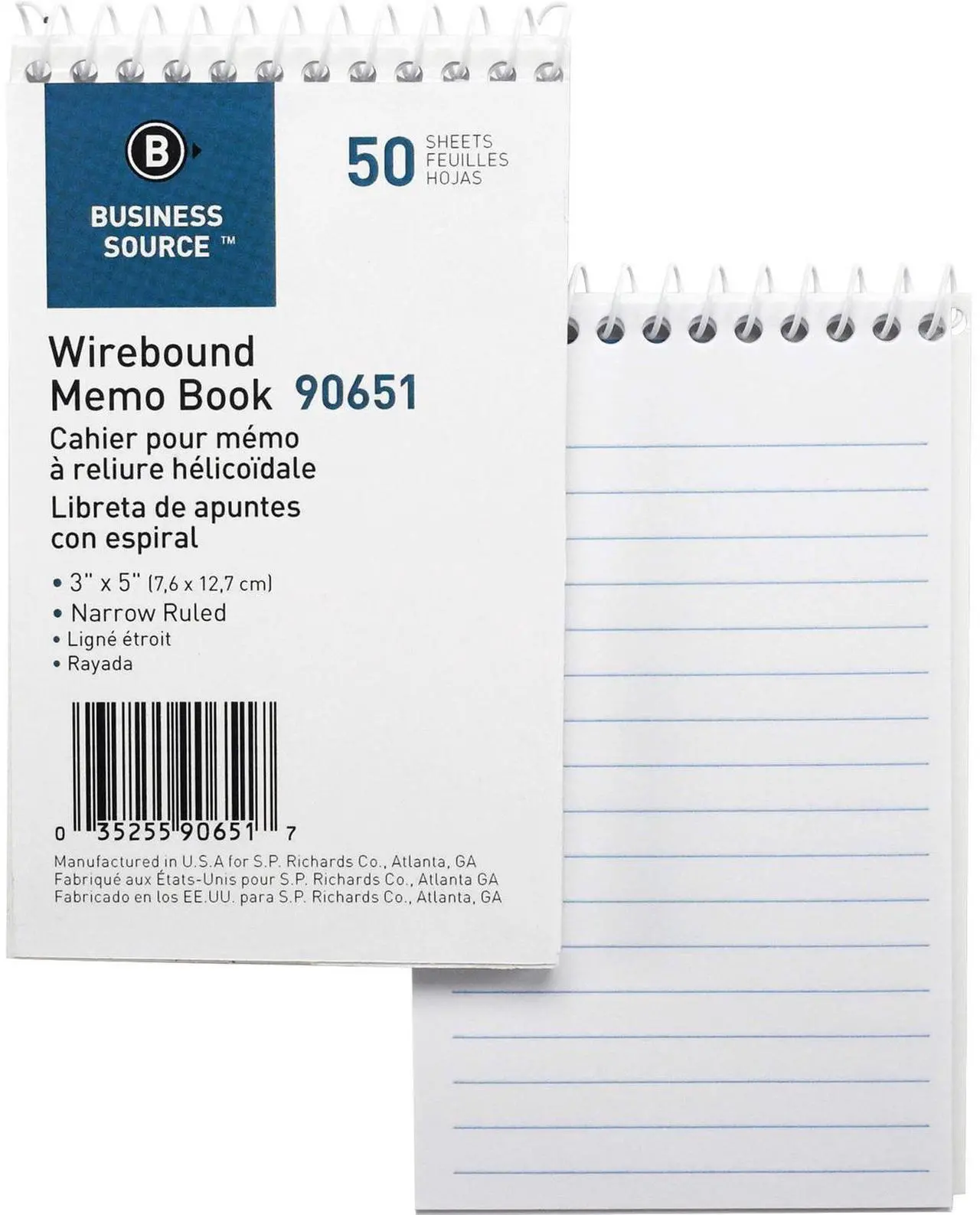 Main image of Business Source Wirebound Memo Book End Opening Wire 3"x5" 50Shts White 90651