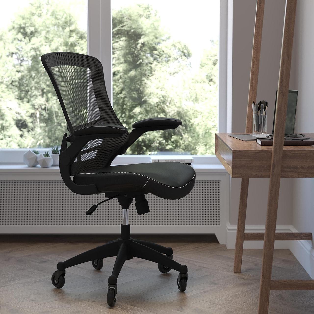 Alt view image 6 of 11 - Flash Furniture Kelista Ergonomic LeatherSoft/Mesh Swivel Mid-Back Task Office Chair Black (BLX5MLEARLB)
