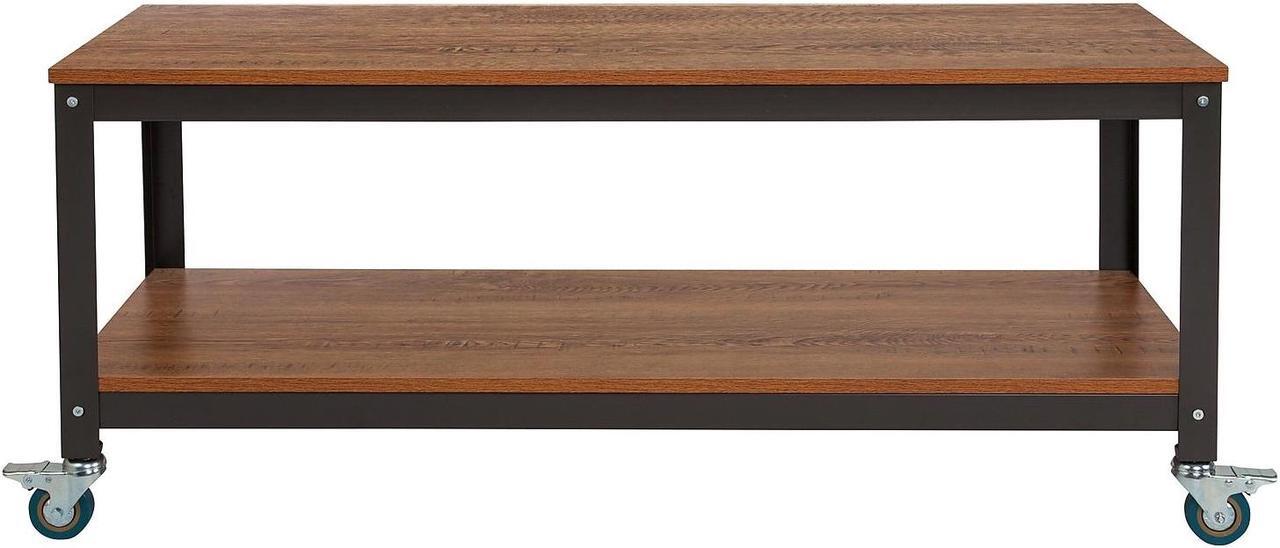 Alt view image 6 of 12 - Flash Furniture Livingston Collection TV Stand with Metal Wheels, Brown Oak Wood Grain Finish