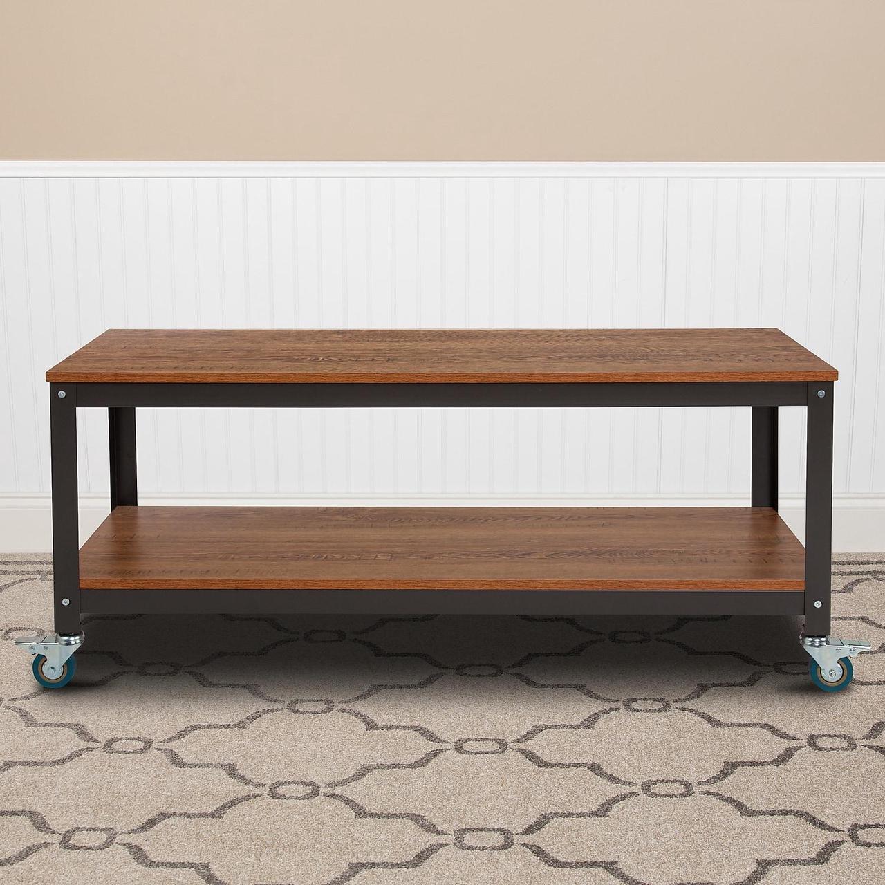 Alt view image 4 of 12 - Flash Furniture Livingston Collection TV Stand with Metal Wheels, Brown Oak Wood Grain Finish