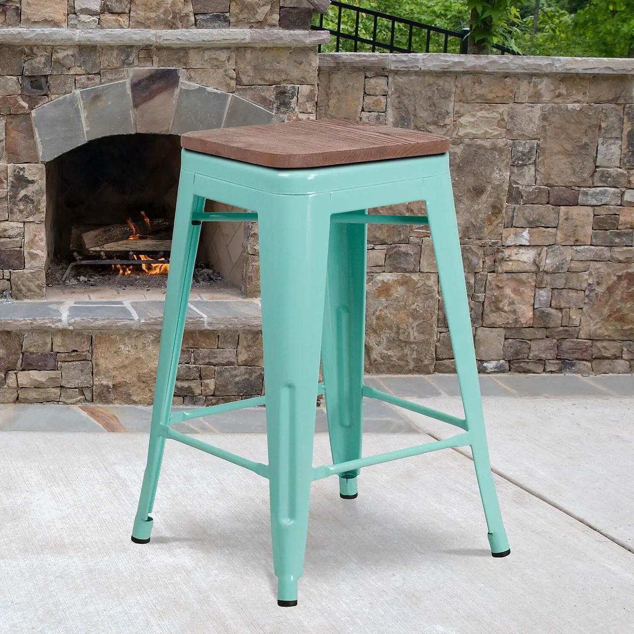 Alt view image 6 of 8 - 24" High Backless Mint Green Counter Height Stool with Square Wood Seat