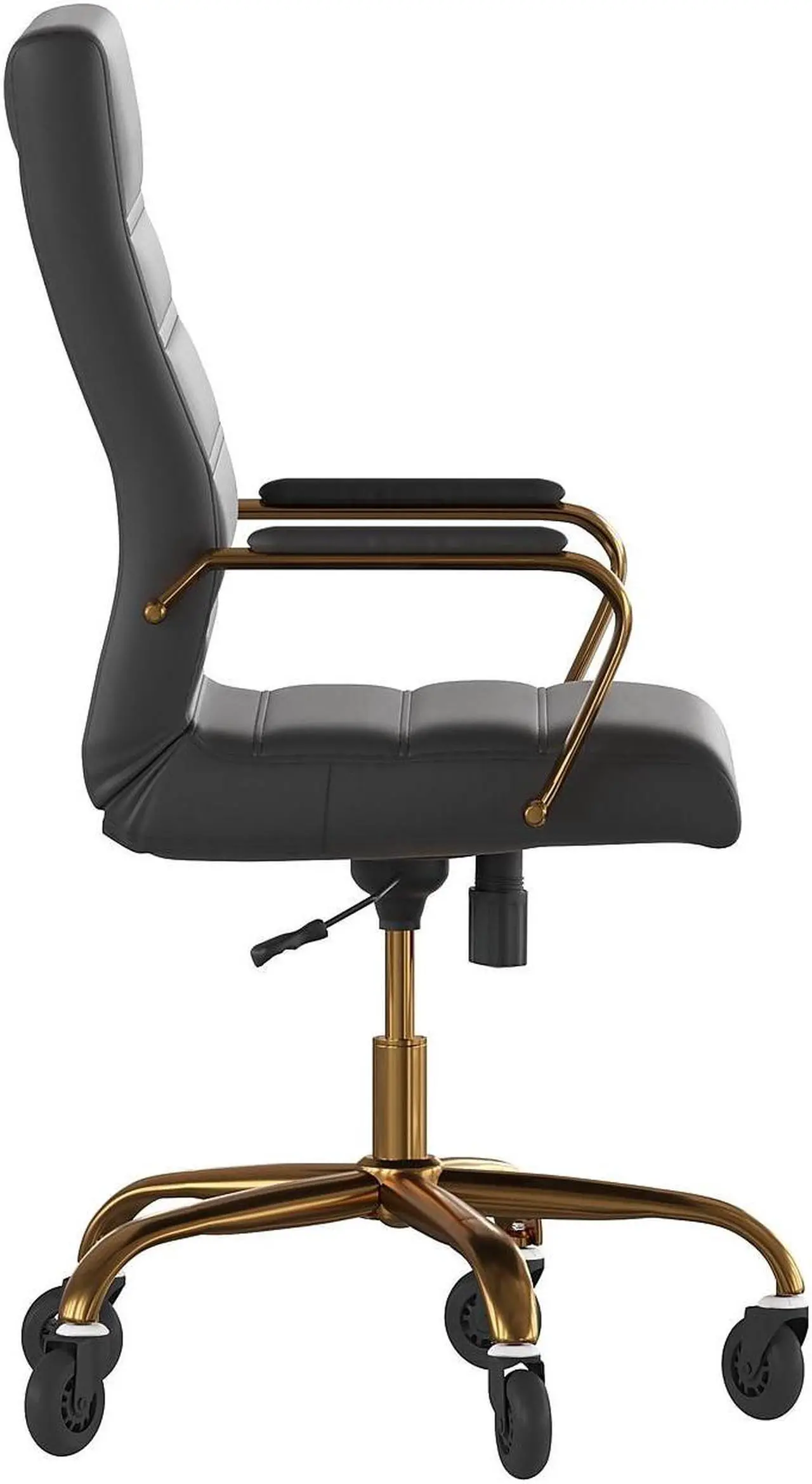 Alt view image 10 of 20 - Whitney High Back Black LeatherSoft Executive Swivel Office Chair with Gold Frame, Arms, and Transparent Roller Wheels