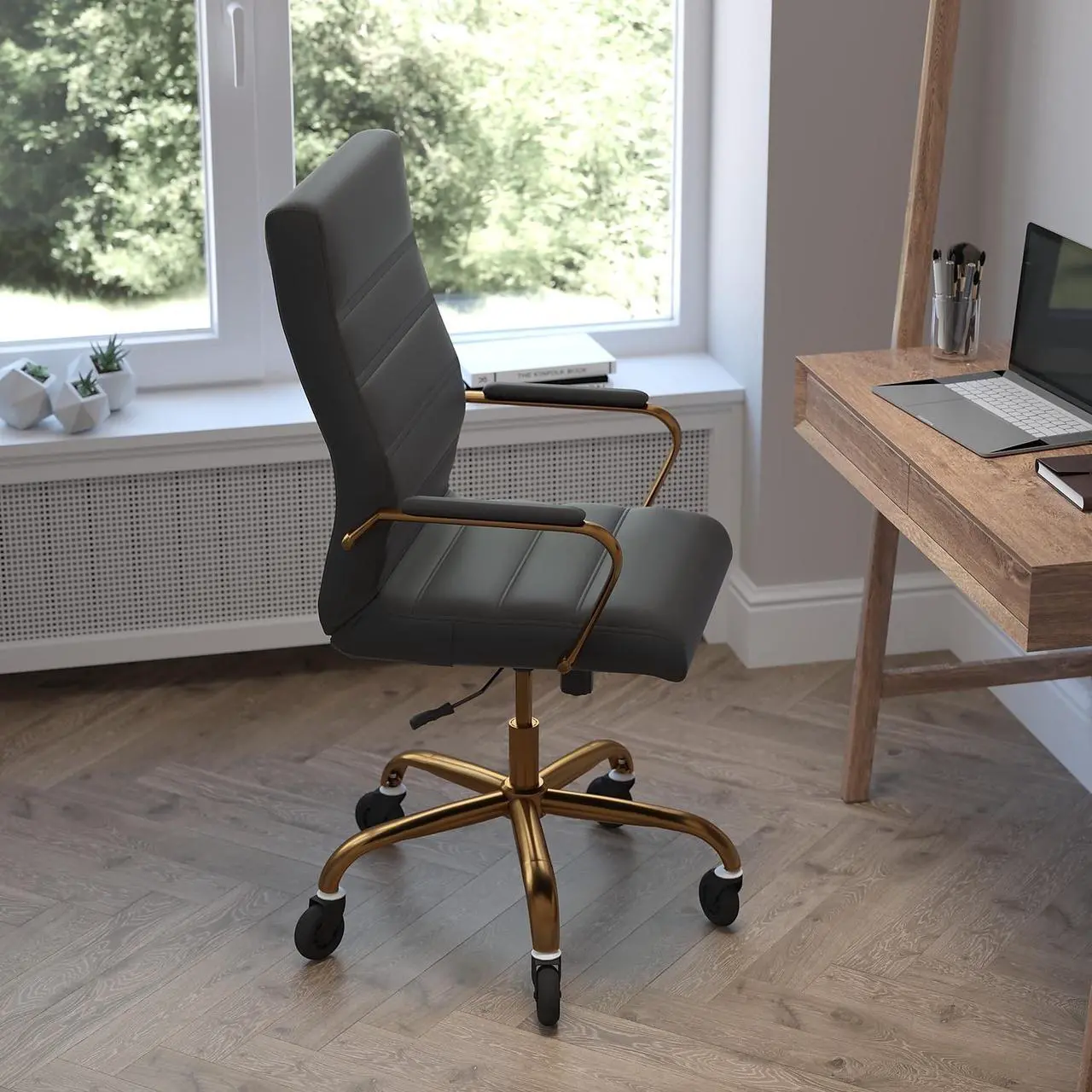 Alt view image 12 of 20 - Whitney High Back Black LeatherSoft Executive Swivel Office Chair with Gold Frame, Arms, and Transparent Roller Wheels