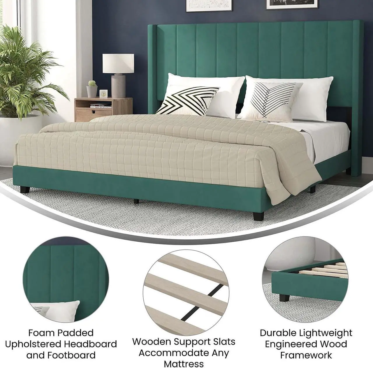 Alt view image 10 of 20 - Evelyn Walnut Finish Solid Wood King Platform Bed, No Box Spring Required