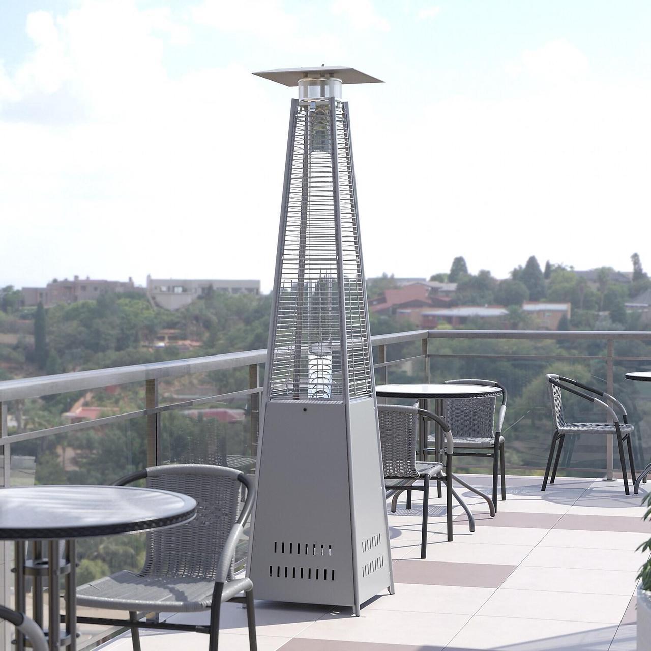 Alt view image 15 of 20 - Patio Outdoor Heating-Silver Stainless Steel Pyramid 42,000 BTU Propane Heater with Wheels for Commercial & Residential Use
