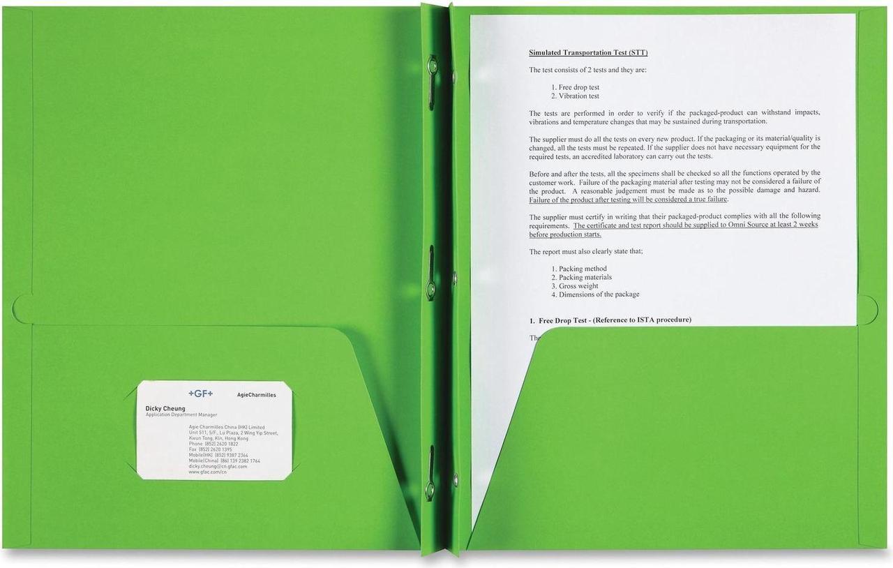 Alt view image 3 of 4 - Sparco 2-Pocket Folder 3 Prong 25/BX Apple Green 78542