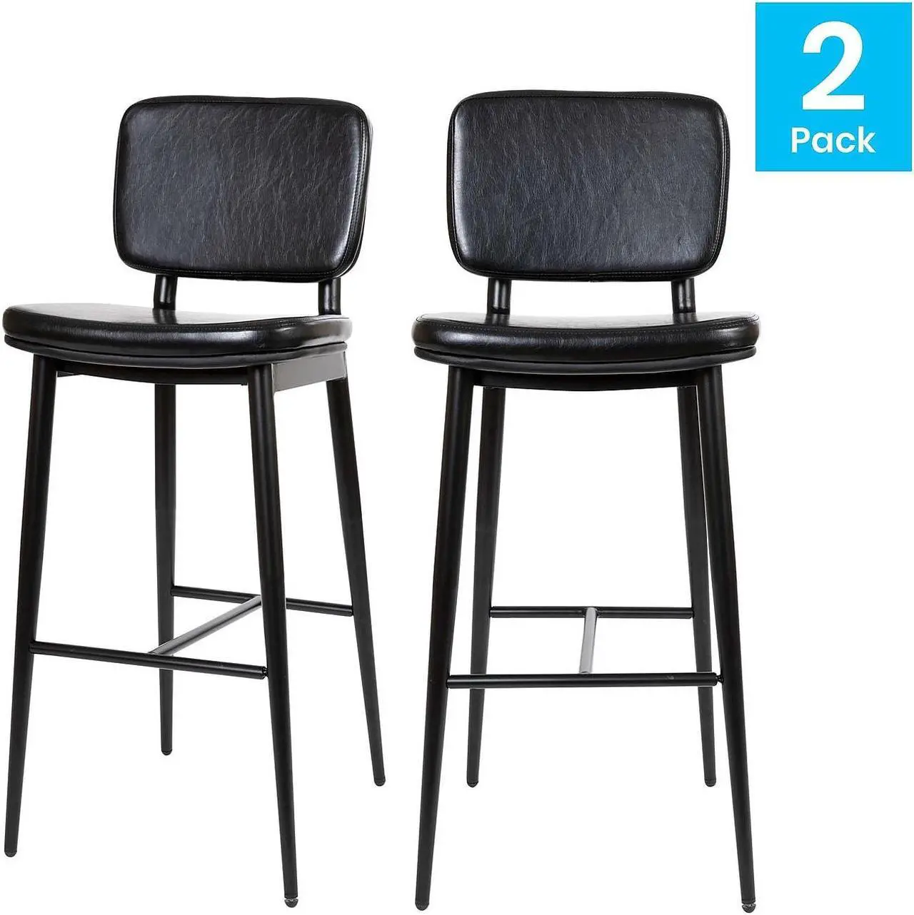 Alt view image 16 of 20 - Kenzie Commercial Grade Mid-Back Barstools - Black LeatherSoft Upholstery - Black Iron Frame with Integrated Footrest - Set of 2