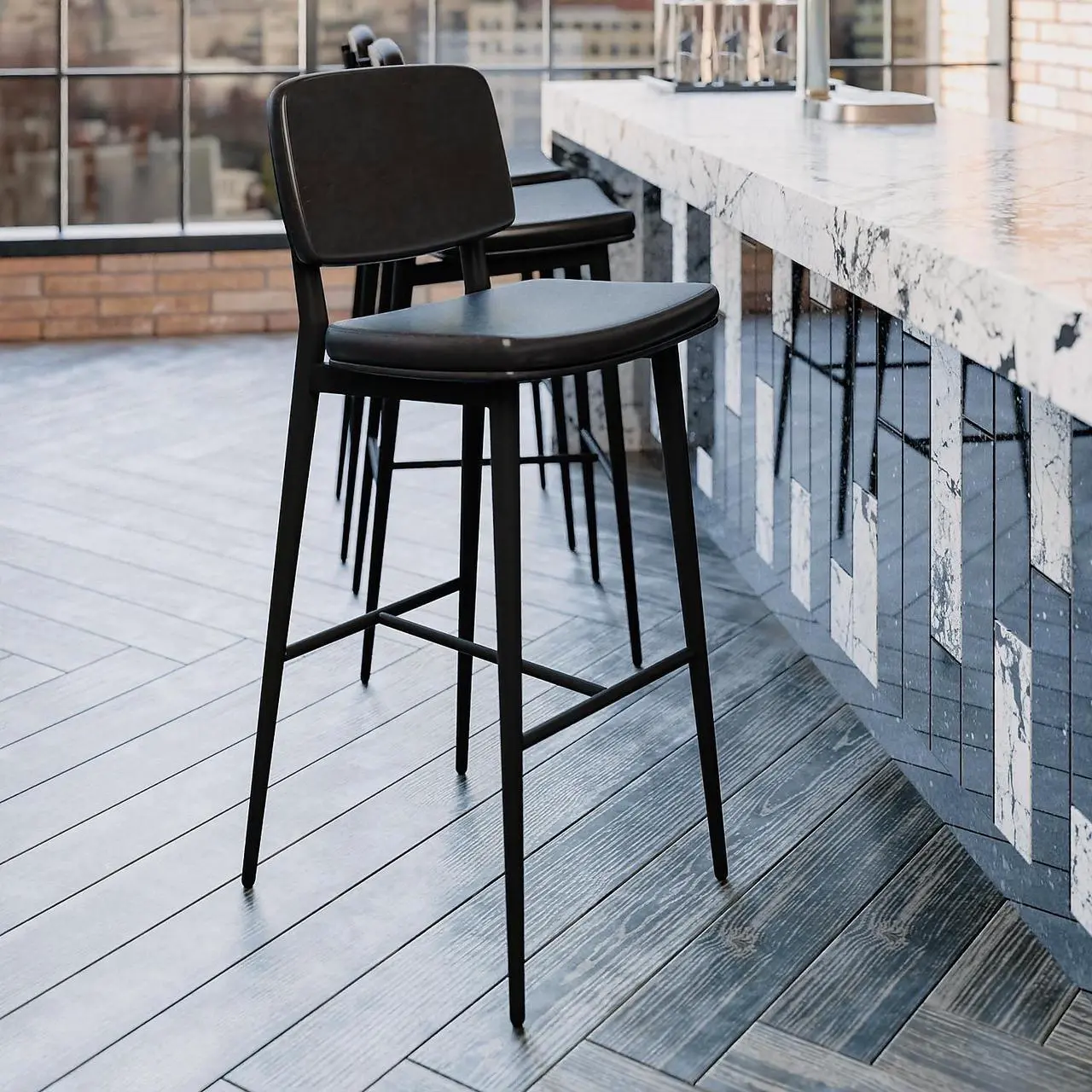 Alt view image 20 of 20 - Kenzie Commercial Grade Mid-Back Barstools - Black LeatherSoft Upholstery - Black Iron Frame with Integrated Footrest - Set of 2