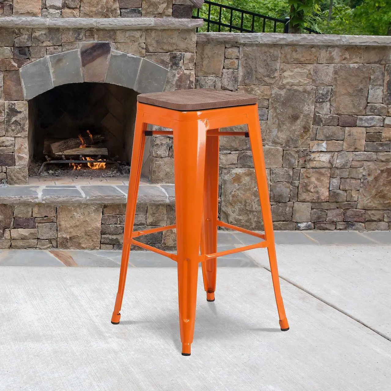 Alt view image 16 of 20 - 30" High Backless Orange Metal Barstool with Square Wood Seat