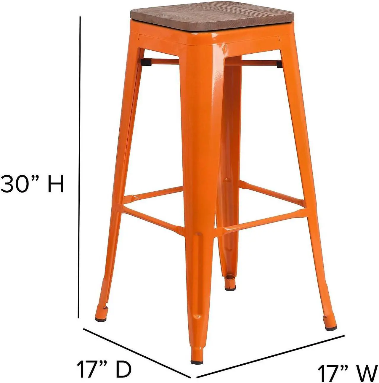 Alt view image 20 of 20 - 30" High Backless Orange Metal Barstool with Square Wood Seat