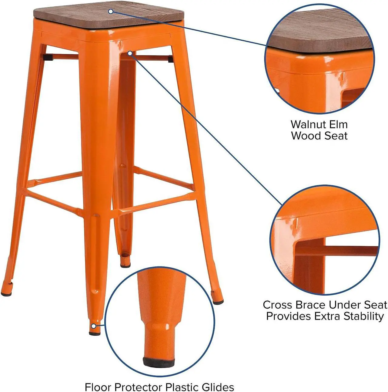 Alt view image 19 of 20 - 30" High Backless Orange Metal Barstool with Square Wood Seat