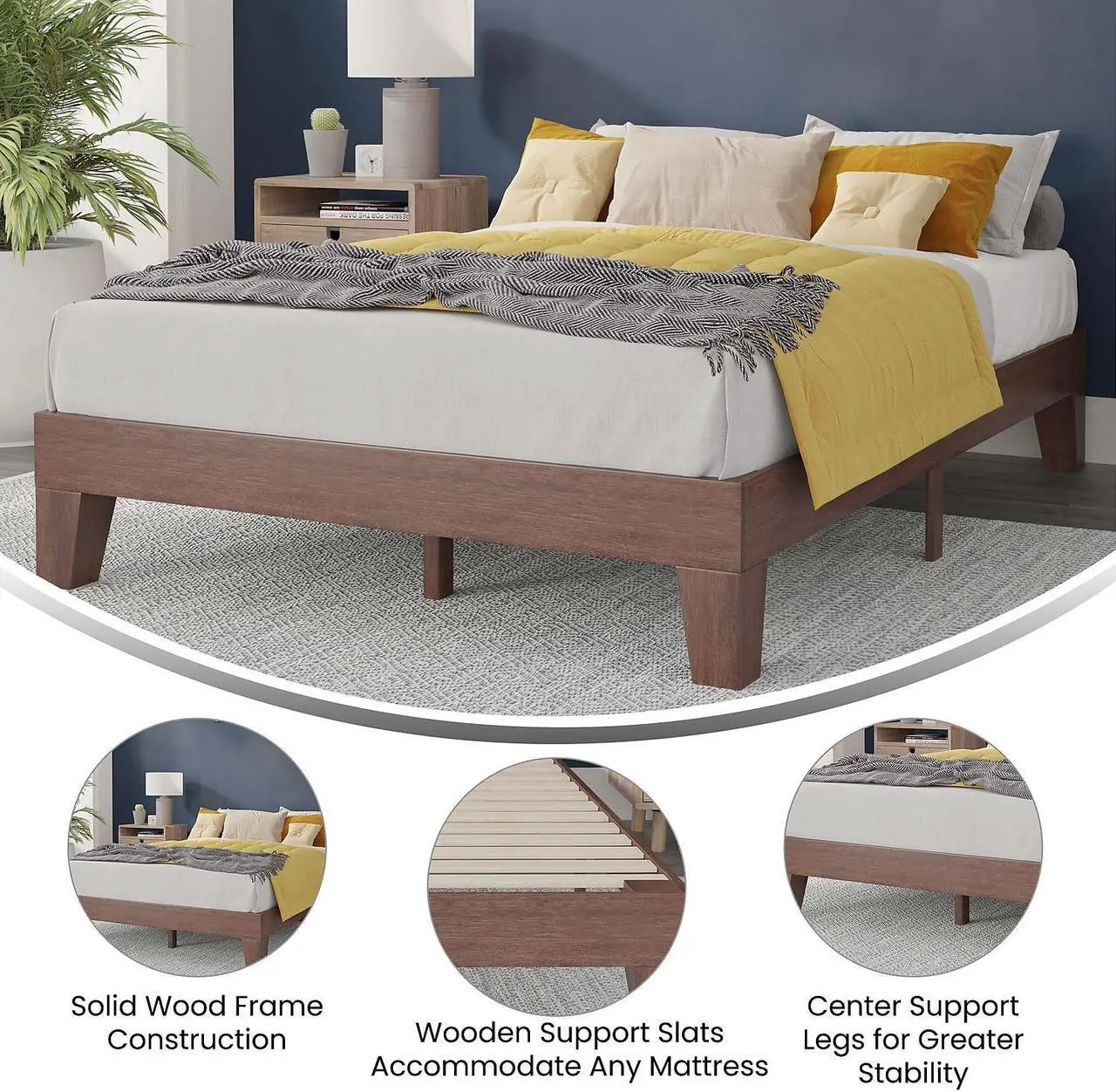 Alt view image 10 of 20 - Evelyn Walnut Finish Solid Wood Full Platform Bed, No Box Spring Required