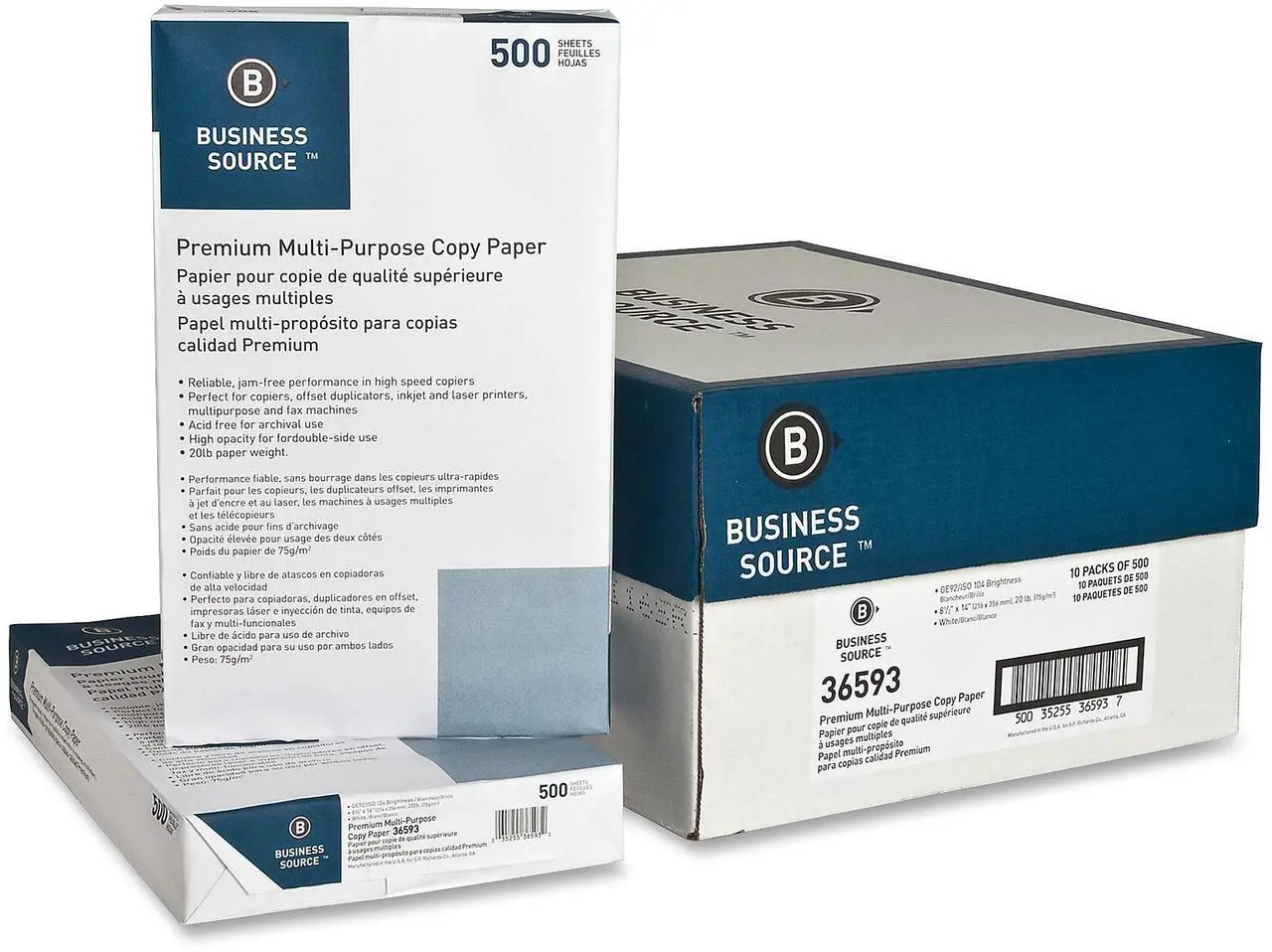 Alt view image 2 of 6 - Business Source Multipurpose Paper 20lb. 92 Bright 8-1/2"x14" 10RM/CT White 36593