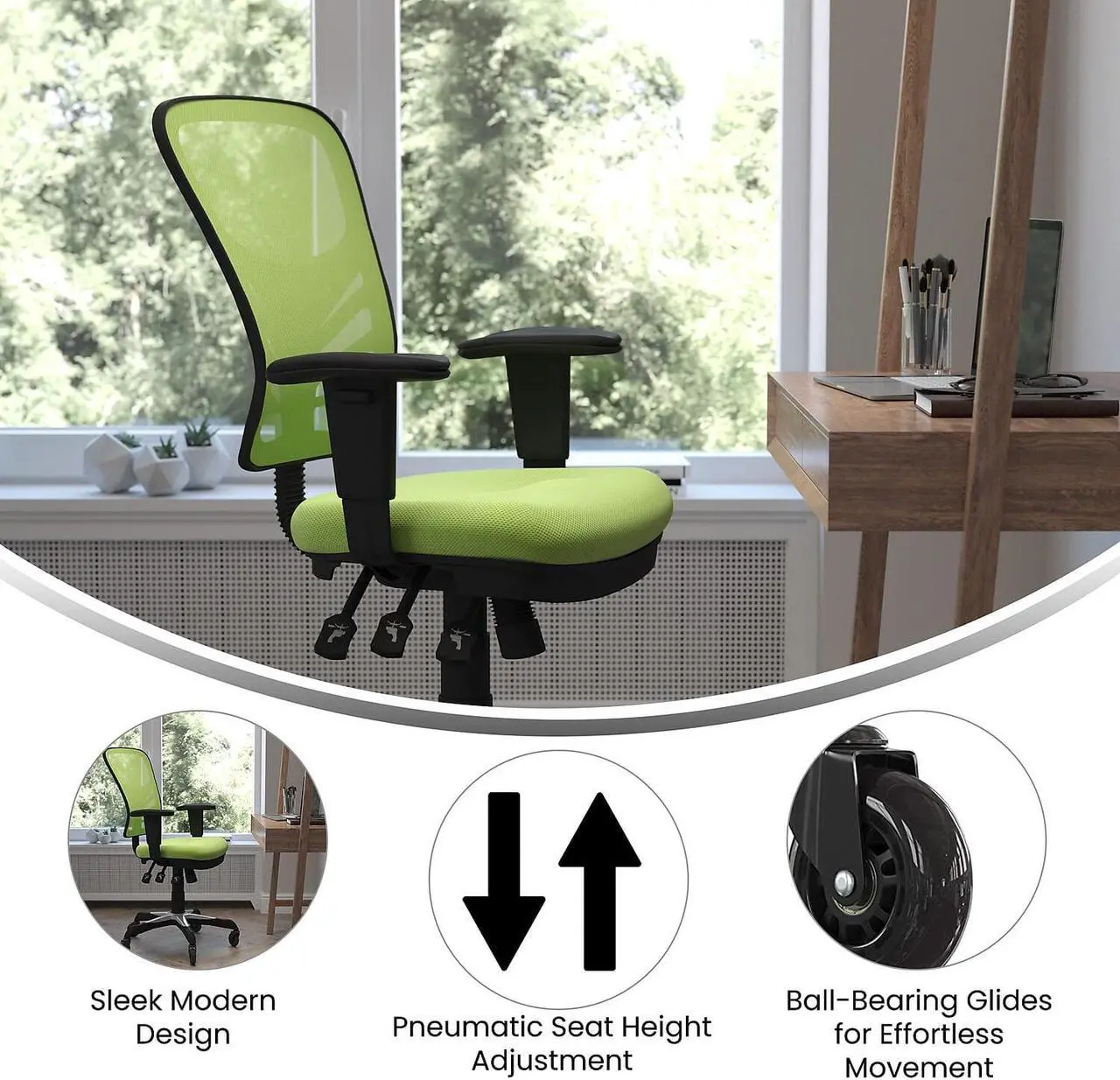 Alt view image 3 of 20 - Flash Furniture Nicholas Ergonomic Mesh Swivel Executive Office Chair with Transparent Roller Wheels Green (HL0001GNRLB)