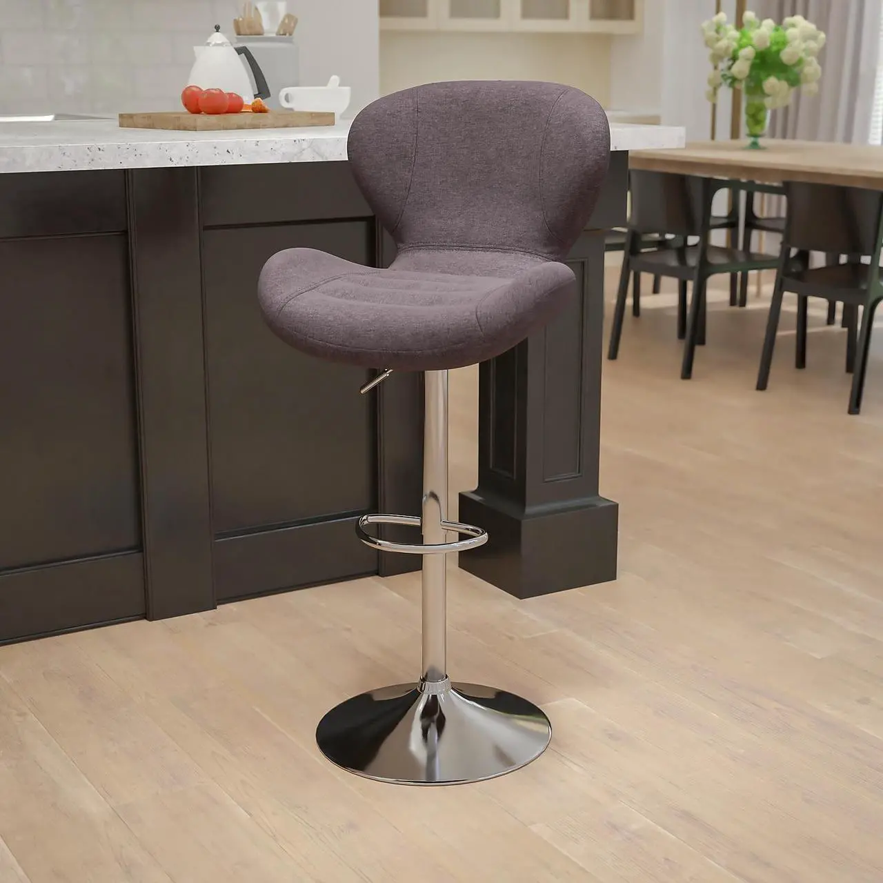 Alt view image 7 of 20 - Contemporary Charcoal Fabric Adjustable Height Barstool with Curved Back and Chrome Base