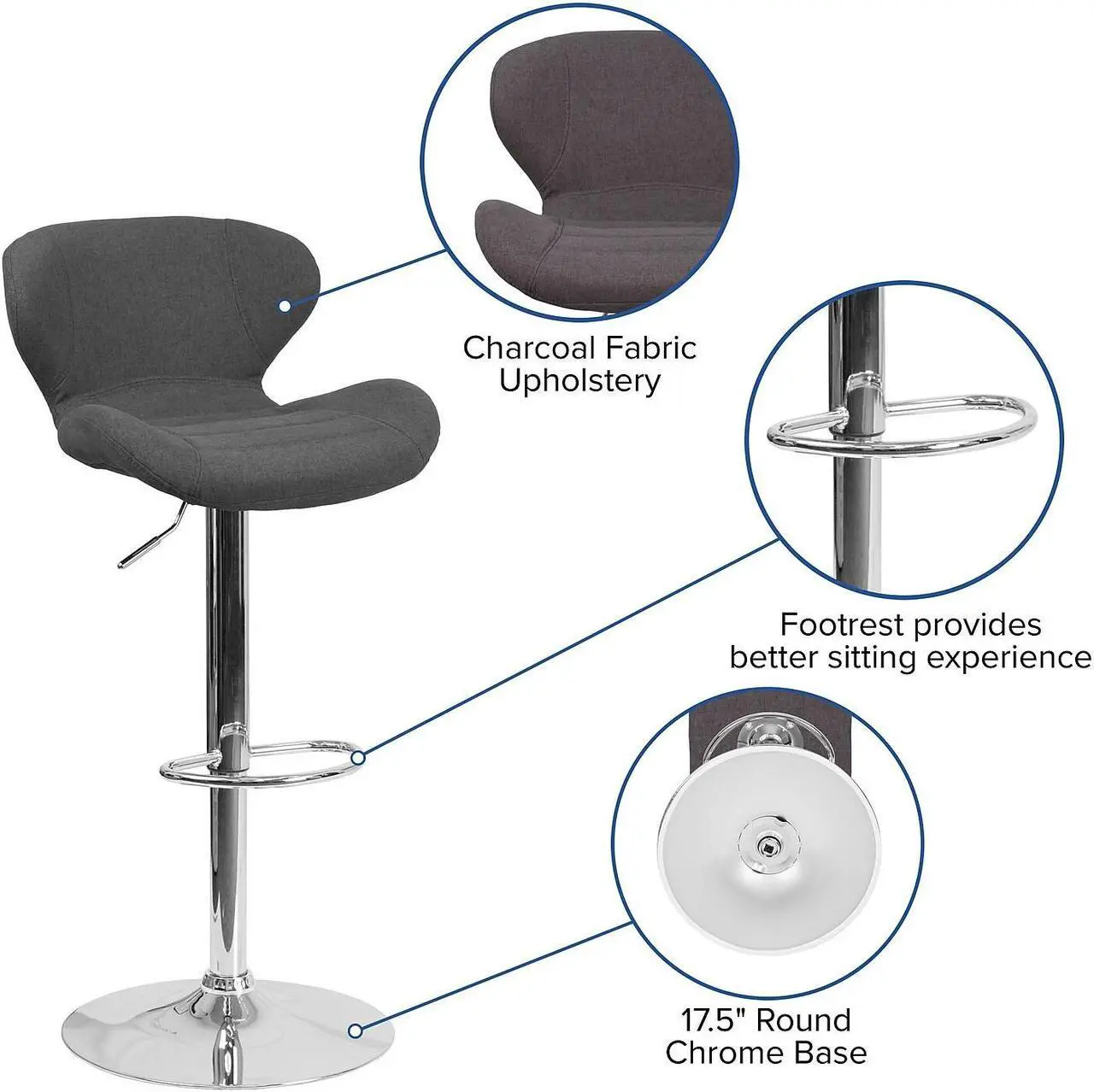 Alt view image 10 of 20 - Contemporary Charcoal Fabric Adjustable Height Barstool with Curved Back and Chrome Base