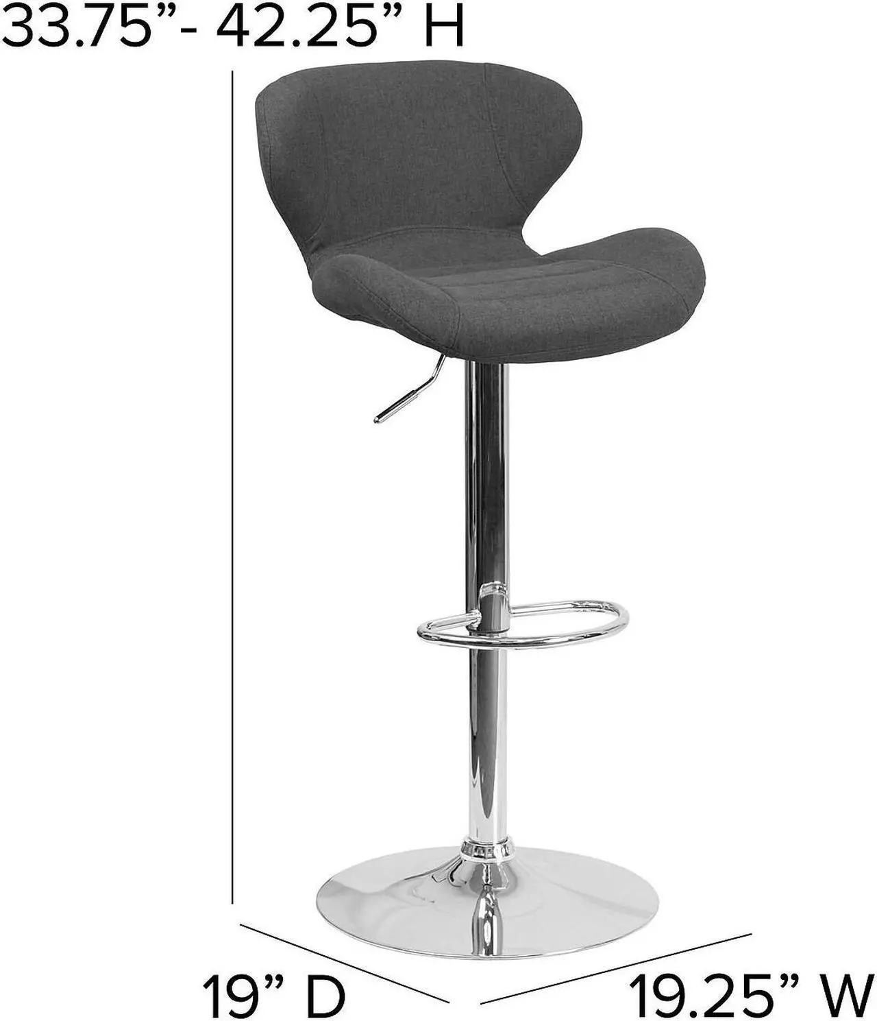 Alt view image 11 of 20 - Contemporary Charcoal Fabric Adjustable Height Barstool with Curved Back and Chrome Base