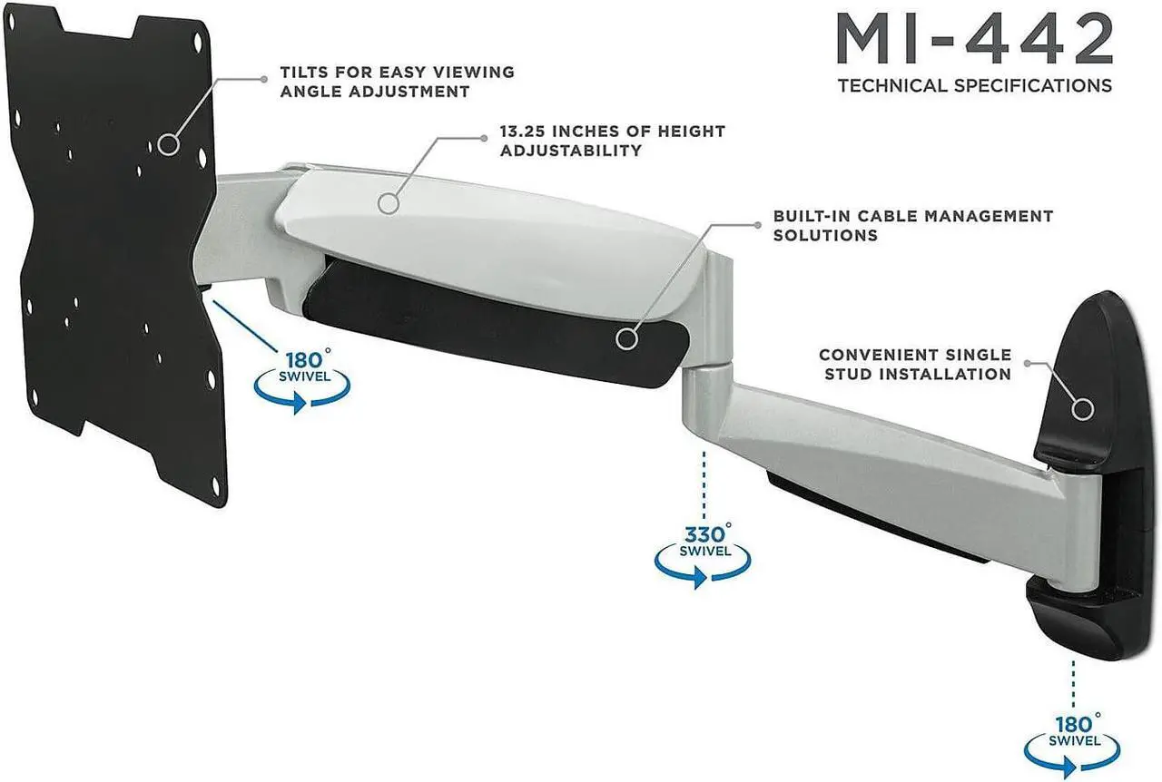 Alt view image 13 of 13 - Mount-It! Height Adjustable TV Wall Mount Bracket with Full Motion Gas Spring Arm for 28" to 47" TVs (MI-442)
