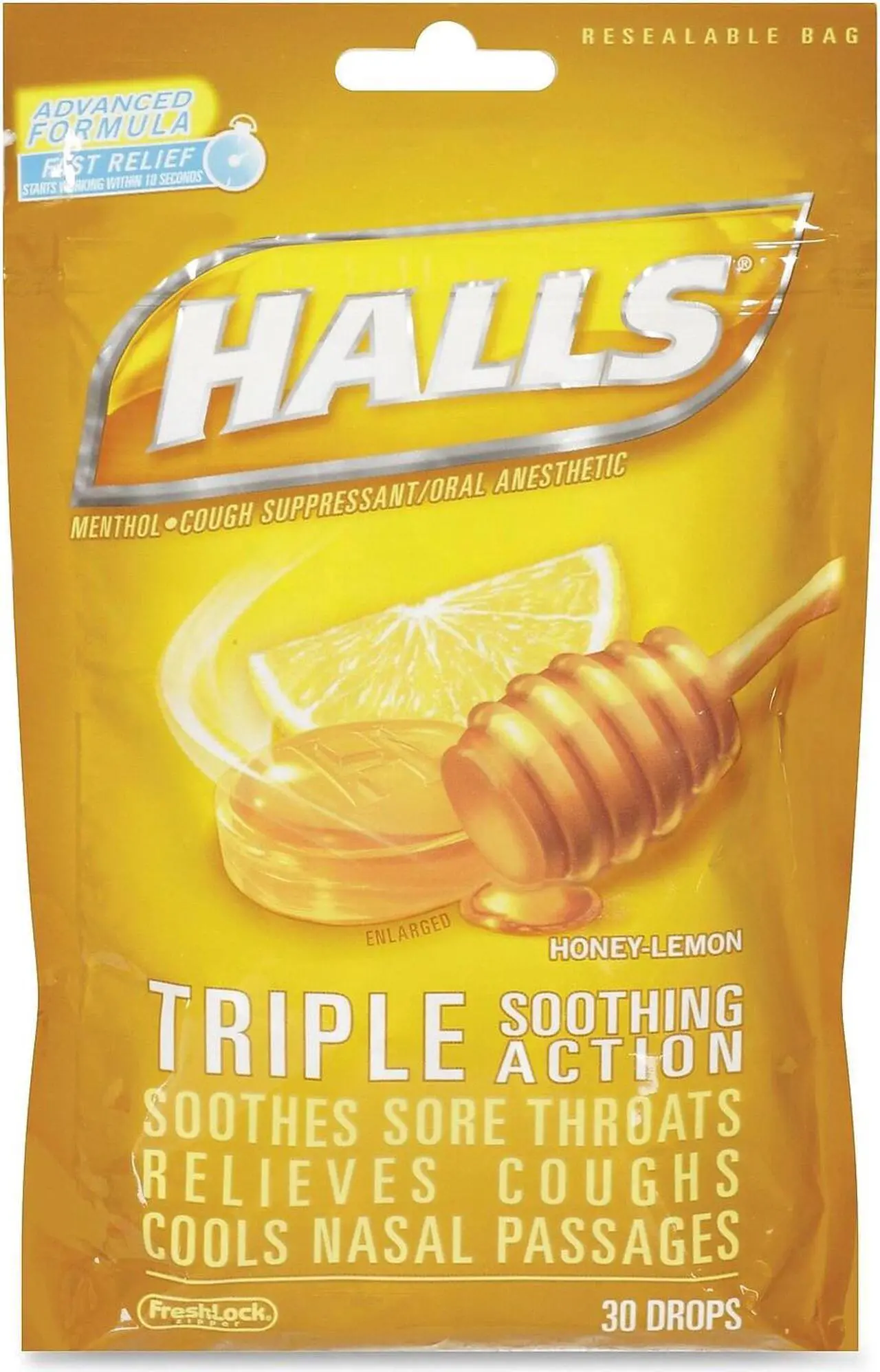 Alt view image 2 of 2 - Halls Triple Action Cough Drops Honey-Lemon 30/Bag 28694