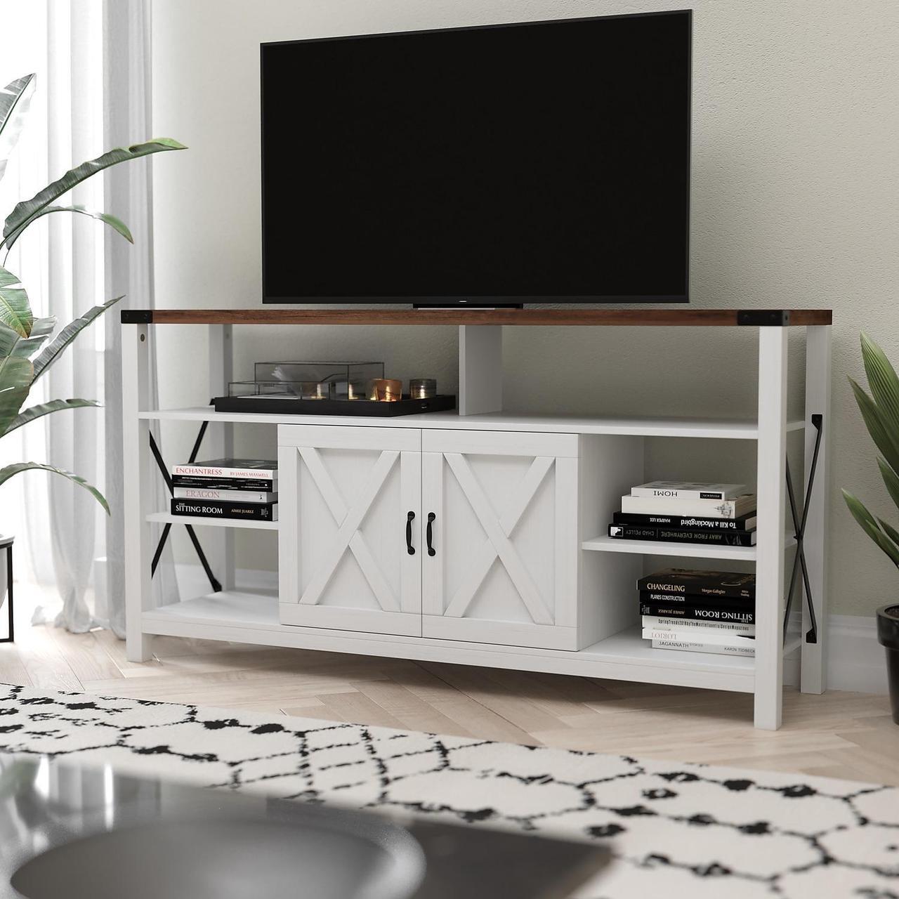 Alt view image 7 of 12 - Wyatt 60" Modern Farmhouse Tall TV Stand with Storage Cabinets and Shelves for TV's up to 60", White/Rustic Oak