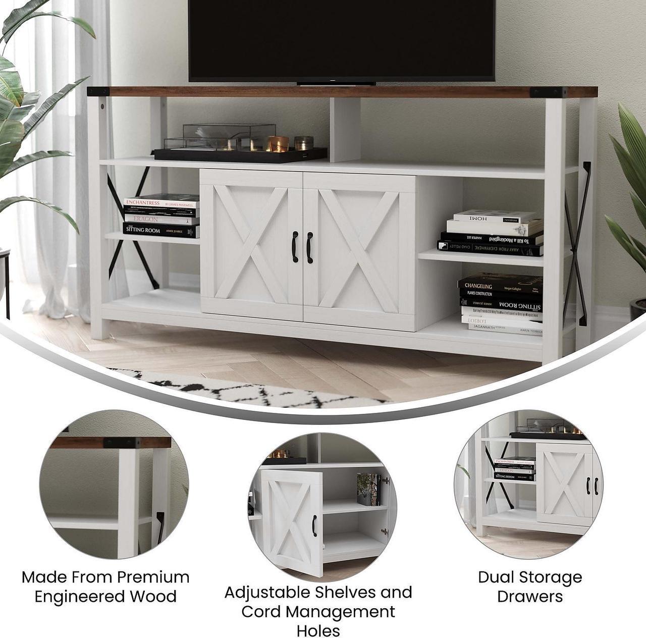 Alt view image 12 of 12 - Wyatt 60" Modern Farmhouse Tall TV Stand with Storage Cabinets and Shelves for TV's up to 60", White/Rustic Oak