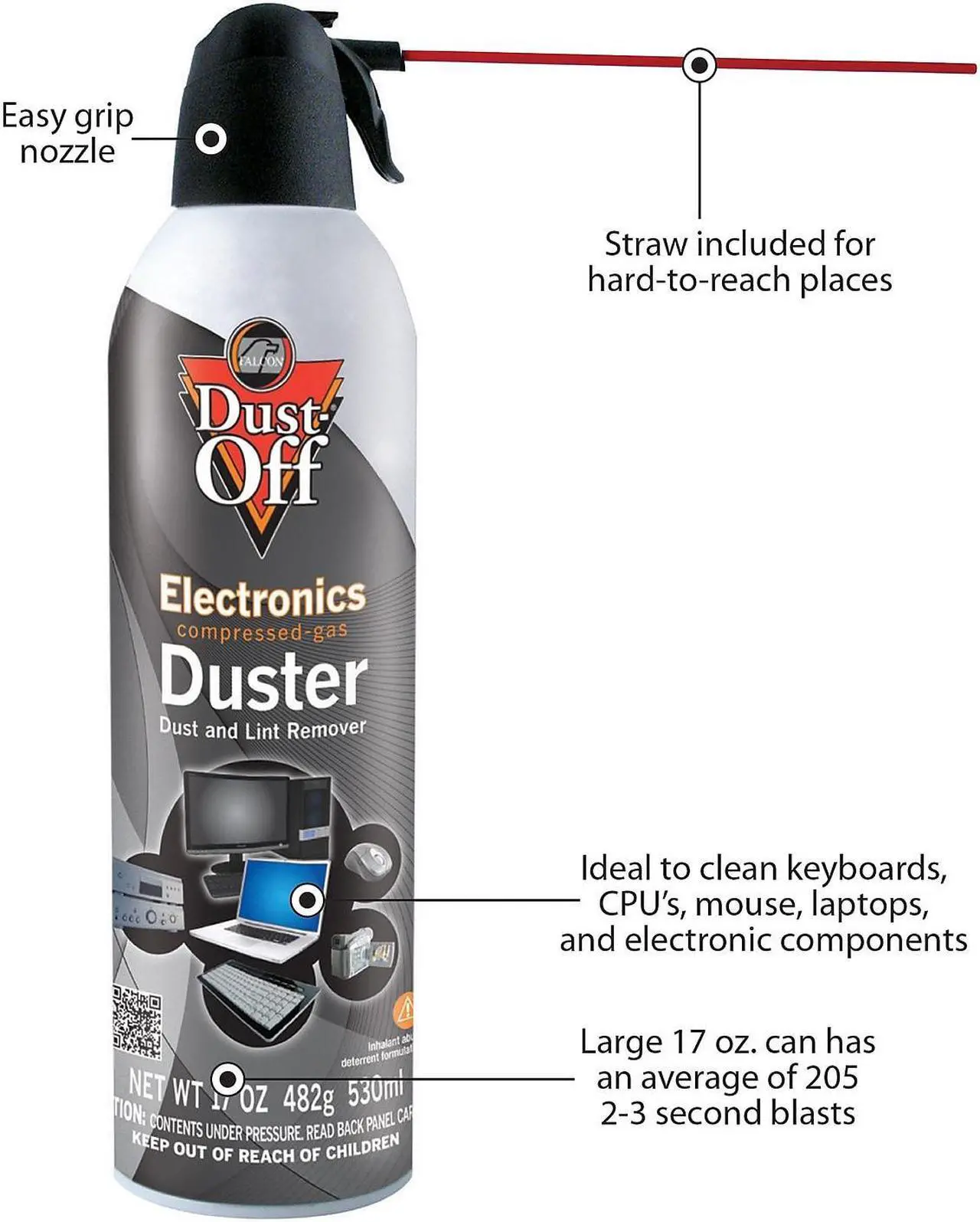 Alt view image 6 of 9 - Falcon DPSM Dust-Off Electronics Dust Remover Moisture-free, Ozone-safe - 1 Each - Black, White