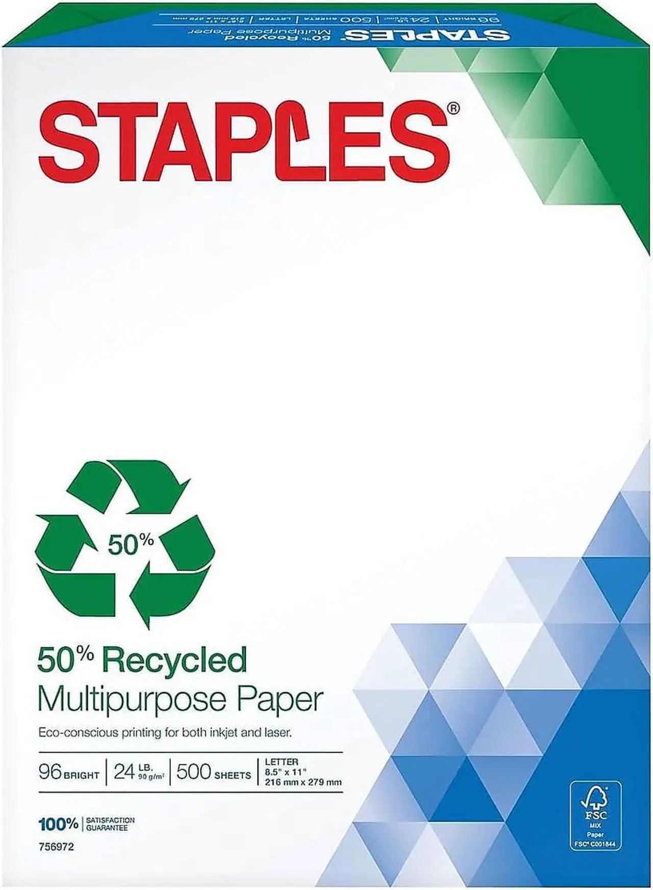 Main image of Staples 50% Recycled 8.5" x 11" Paper 24 lbs. 96 Brightness 500/RM 756972