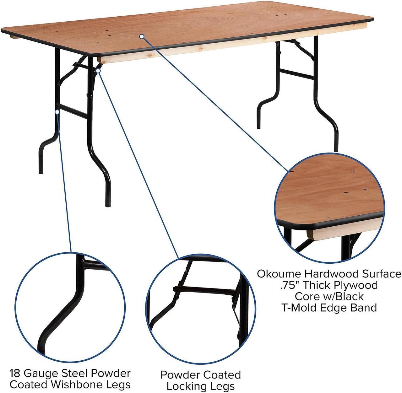 Alt view image 18 of 20 - 36'' x 72'' Rectangular Wood Folding Banquet Table with Clear Coated Finished Top