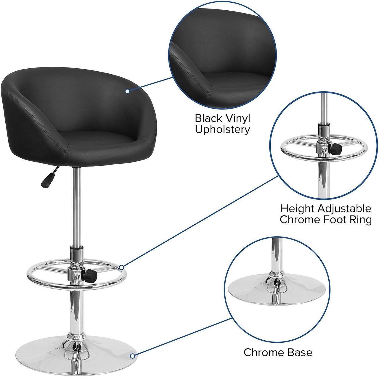 Alt view image 15 of 19 - Contemporary Black Vinyl Adjustable Height Barstool with Barrel Back and Chrome Base