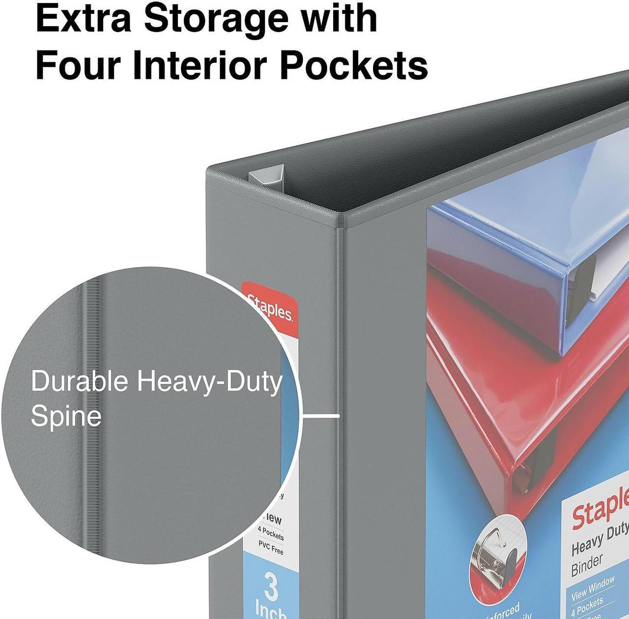 Alt view image 4 of 7 - Staples Heavy-Duty 3-Inch D 3-Ring View Binder Gray (26368) 976043