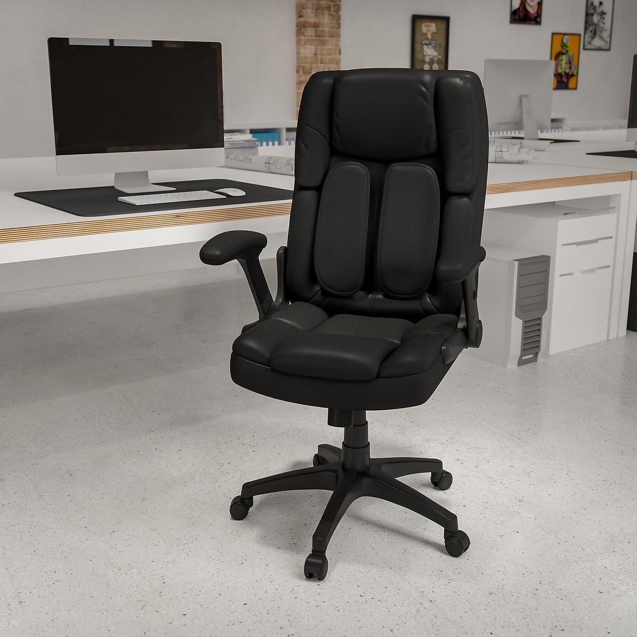 Alt view image 20 of 20 - Extreme Comfort High Back Black LeatherSoft Executive Swivel Ergonomic Office Chair with Flip-Up Arms