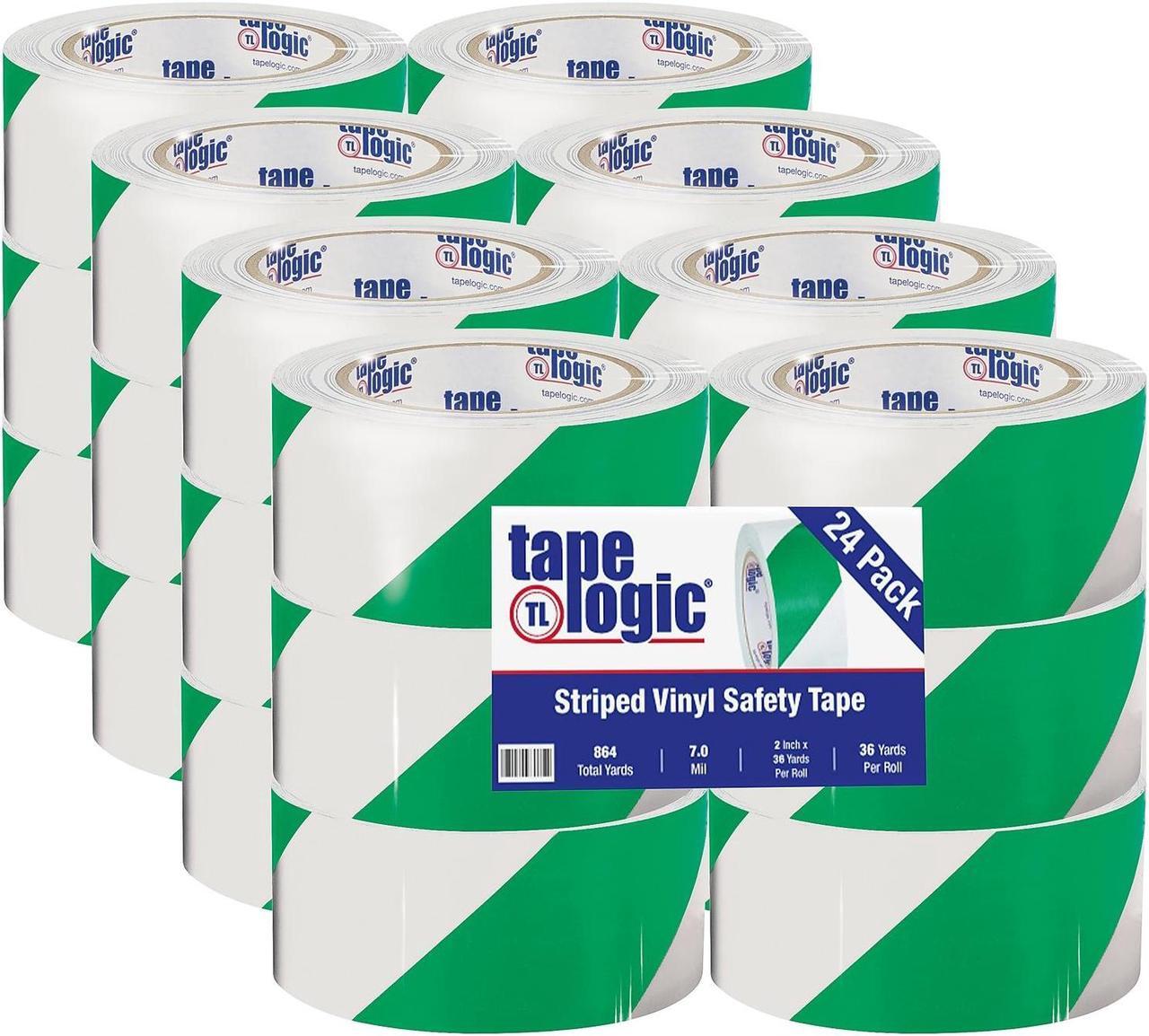 Main image of Tape Logic Vinyl Safety Tape Green/White Striped 2" x 36yds. 24/Case (T9236GW)