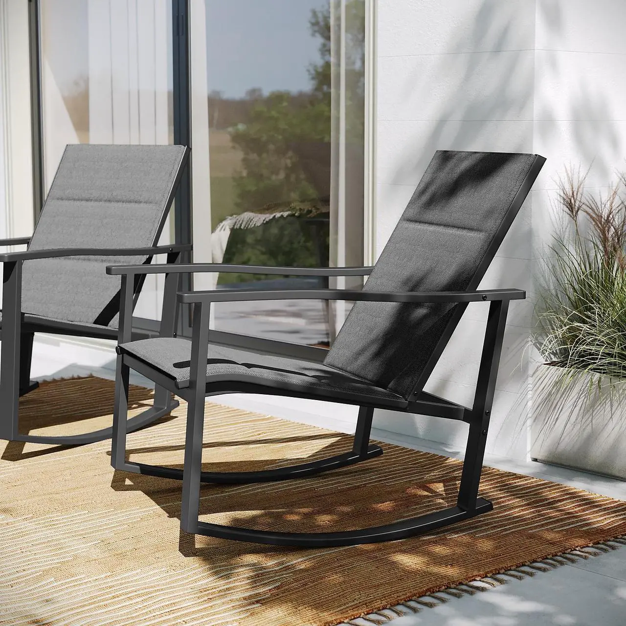 Alt view image 4 of 14 - Flash Furniture Brazos Outdoor Rocking Chairs with Flex Comfort Material Black 2/Pack (2FVFSC2315NBLK)
