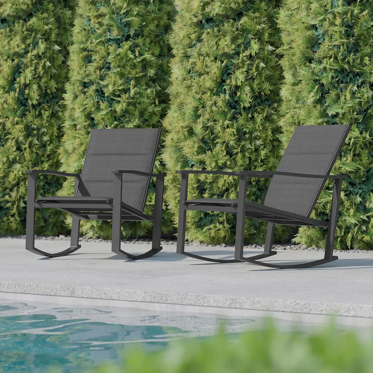 Alt view image 3 of 14 - Flash Furniture Brazos Outdoor Rocking Chairs with Flex Comfort Material Black 2/Pack (2FVFSC2315NBLK)