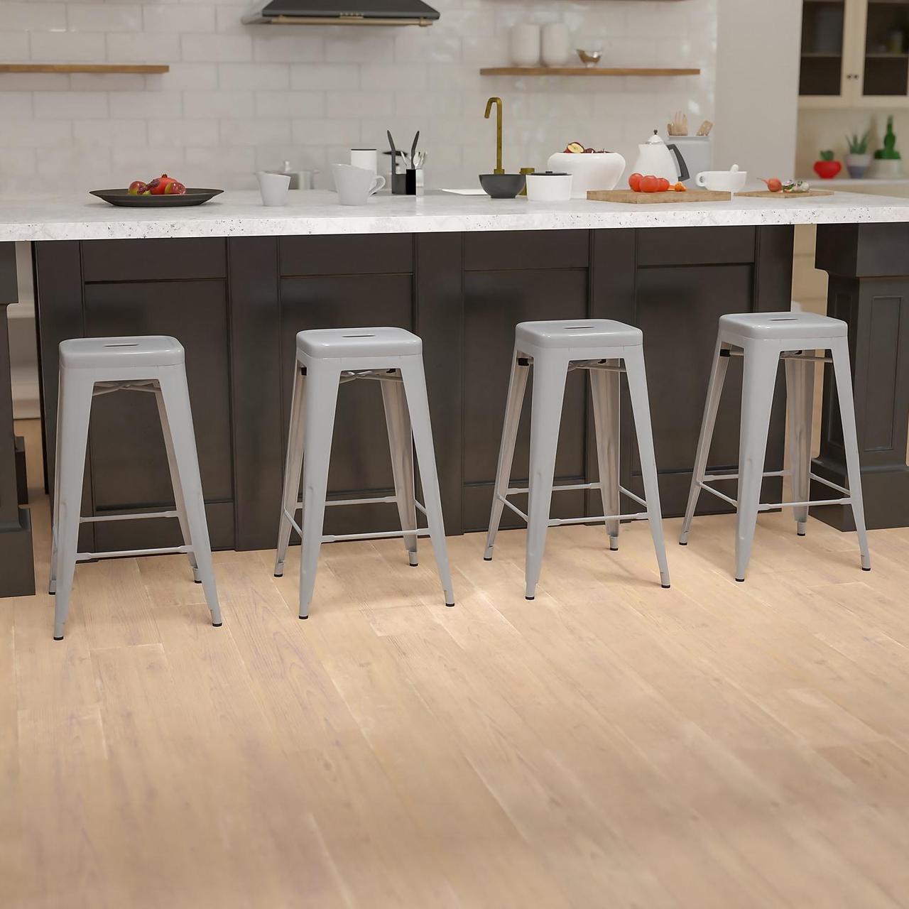 Alt view image 19 of 20 - 30" High Metal Indoor Bar Stool in Silver - Stackable Set of 4