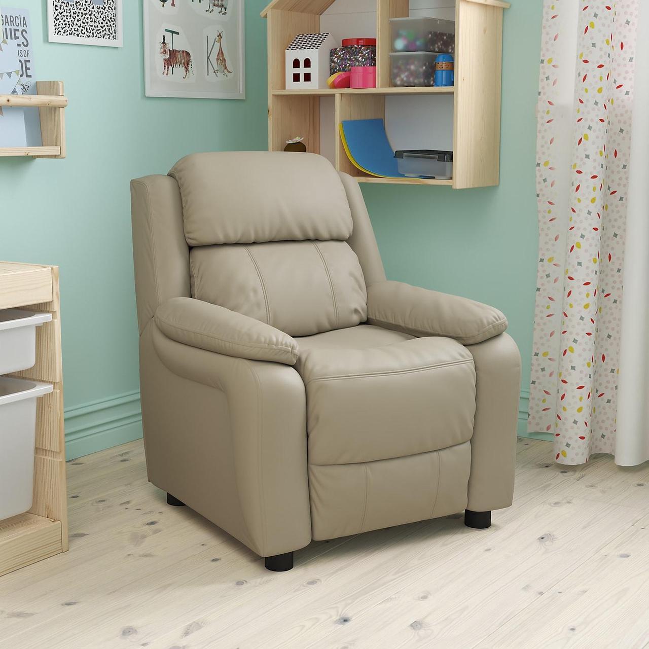 Alt view image 20 of 20 - Deluxe Padded Contemporary Beige Vinyl Kids Recliner with Storage Arms