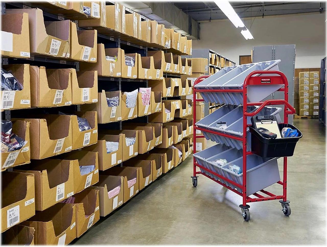 Alt view image 5 of 5 - Rubbermaid 3-Shelf Metal Tote Picking Cart Red (2144269)