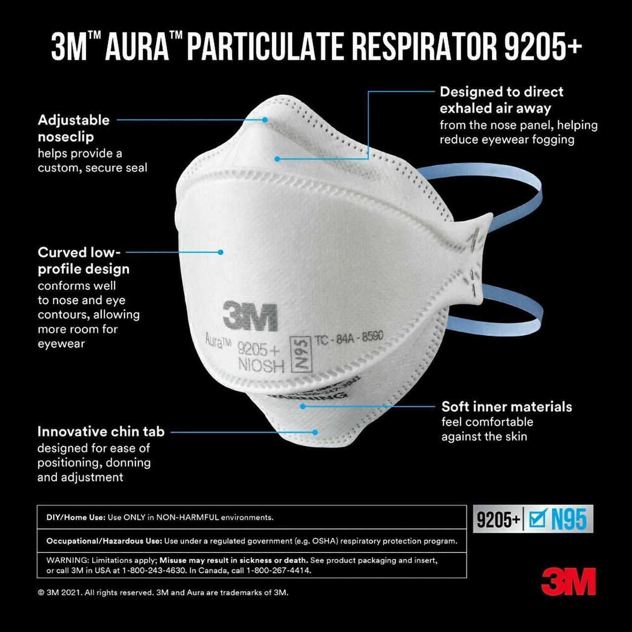 Alt view image 6 of 8 - 3M Aura N95 Particulate Respirator White 20/Pack (9205P-20-DC) 9205PH-20-DC