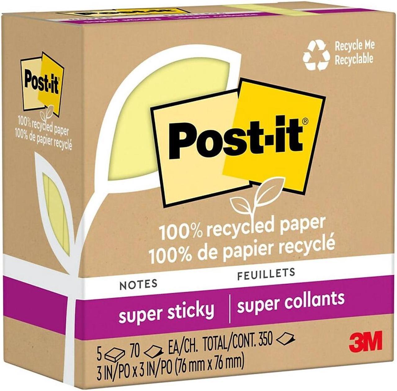 Post-it Recycled Super Sticky Notes 3" x 3" Canary Collection 70 Sheet/Pad 5 Pads/Pack (654R-5SSCY)